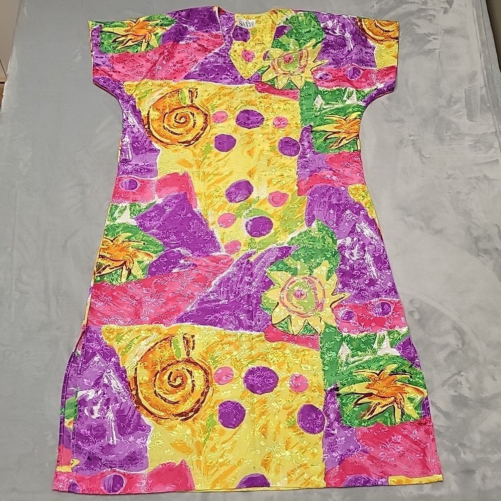 VTG Sante Dress Womens OS Multicolor Abstract Tunic Kaftan Maxi Loungewear